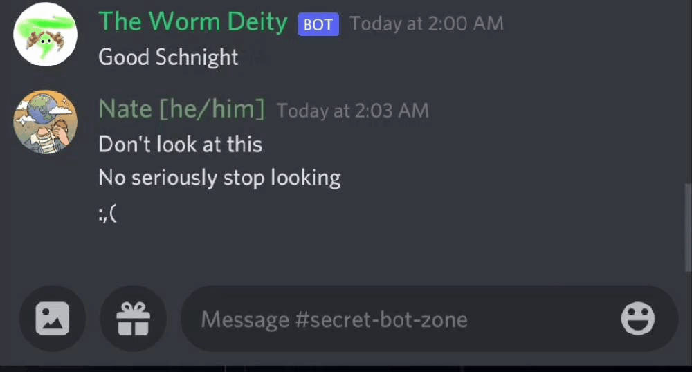 A GIF of WormBot responding to a message with emojis that spell out 'oh worm?'